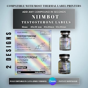 May include: Two holographic rectangular labels for Niimbot thermal printers, featuring text for Testosterone Cypionate Injection, chemical structures, and expiration details. Includes two glass vials with matching labels in 40x20mm, 40x30mm, and 50x30mm sizes.