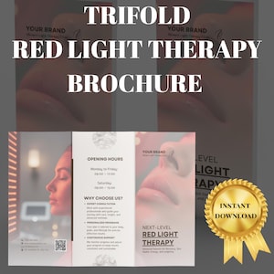 Op de afbeelding: Een drievoudige brochure voor rode lichttherapie. De brochure bevat de tekst "Red Light Therapy Brochure" in grote witte letters. De tekst "Instant Download" staat op een gouden zegel.