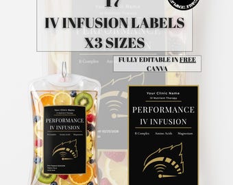 IV Therapie Tasche Etikett Vorlagen | 17 Behandlungen | Canva Bearbeitbar | Med Spa IV Drip Bar Etiketten | Symbole | Luxus Design | 3 Größen enthalten