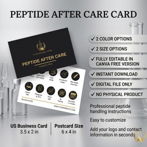 May include: A digital peptide after care card template featuring a black and white design with gold icons and text. The card includes handling instructions, icons for storage and usage, and lists US business card 3.5 x 2 in and postcard 6 x 4 in sizes.
