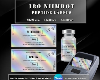 Peptide vial labels for Niimbot,| 180 Holographic Peptide Labels | Thermal Printer Compatible | 40x20 40x30 50x30 mm m2