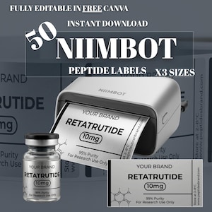 Puede incluir: Imagen promocional para etiquetas de péptidos. La imagen presenta una rotuladora NIIMBOT blanca, un vial y una etiqueta con el texto "RETATRUTIDE 10mg" y "99% Purity For Research Use Only." La imagen también incluye el texto "PEPTIDE LABELS X3 SIZES."