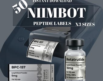 Modelo de rótulos para peptídeos Niimbot, design de adesivos para frascos, rótulos para laboratório de pesquisa, modelo editável do Canva