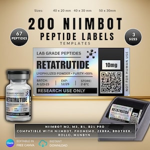 Könnte beinhalten: Ein digitales Vorlagenset für 200 Niimbot Peptid-Etiketten mit dem Text Retatrutide, Lab Grade Peptides, 10mg und Research Use Only. Das Design enthält einen QR-Code sowie Angaben zu Charge, Verfallsdatum und Lagerung im holografischen Stil.