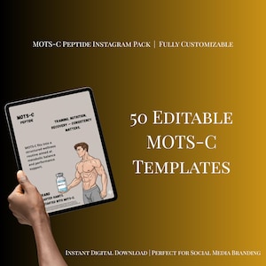 Peut inclure: Produit numérique avec 50 modèles MOTS-C modifiables pour les réseaux sociaux. L'image montre une tablette affichant un graphique avec du texte sur l'entraînement, la nutrition et la récupération. Le fond est un dégradé d'or et de marron.