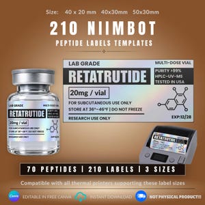 Può includere: Un set di modelli digitali per 210 etichette per peptidi Niimbot nelle dimensioni 40x20mm, 40x30mm e 50x30mm. Il design presenta una fiala in vetro trasparente con un'etichetta olografica che riporta Retatrutide 20mg/vial, lab grade.