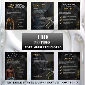 May include: A promotional image for Instagram templates, featuring information on peptides and recovery. The design includes text and graphics, with a focus on health and fitness. The phrase "140 Peptides Instagram Templates" is prominently displayed.