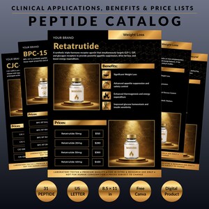 May include: A digital peptide catalog flyer featuring a black and gold color scheme. The text includes CLINICAL APPLICATIONS, BENEFITS & PRICE LISTS, PEPTIDE CATALOG, Retatrutide, and various pricing tiers. It displays vials on pedestals.