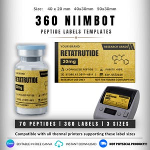 以下が含まれることがあります： 黄色と黒のデザインの360個のNiimbotペプチドラベル用デジタルテンプレートセット。青いキャップのガラスバイアル、ラベルのレイアウト、サーマルプリンターが含まれています。テキストにはRetatrutide 20mg、Research Grade、および40x20mm、40x30mm、50x30mmのサイズが記載されています。