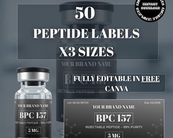 Peptide Labels, Peptide Therapy Labels, Peptide Vial Label Templates, 3ml vial label, 50 Peptides Label, Editable Peptide Label,  clinic