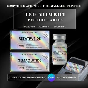 Peptide Labels for Niimbot | 180 Holographic Peptide Labels | Thermal Printer Compatible | 40x20 40x30 50x30 mm m2