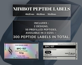 Modelos de etiquetas para peptídeos para Niimbot e Niimbot M2, design editável no Canva, 3 tamanhos: 40 x 20 mm, 40 x 30 mm, 50 x 30 mm