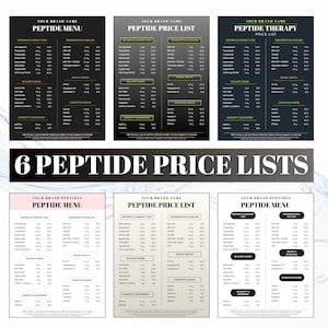 May include: Six peptide price lists with various color schemes. Each list features a header with the brand name and the title "Peptide Menu" or "Peptide Price List". The lists are organized by category, including metabolic & weight loss, sexual health, and cognitive & mood.