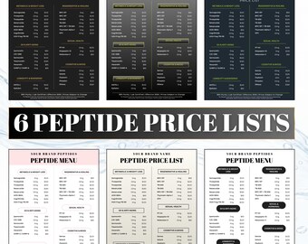 Modelo de lista de preços de peptídeos, tabela de preços de peptídeos, materiais impressos sobre peptídeos, modelo para terapia com peptídeos, material de marketing sobre peptídeos, modelo para Canva