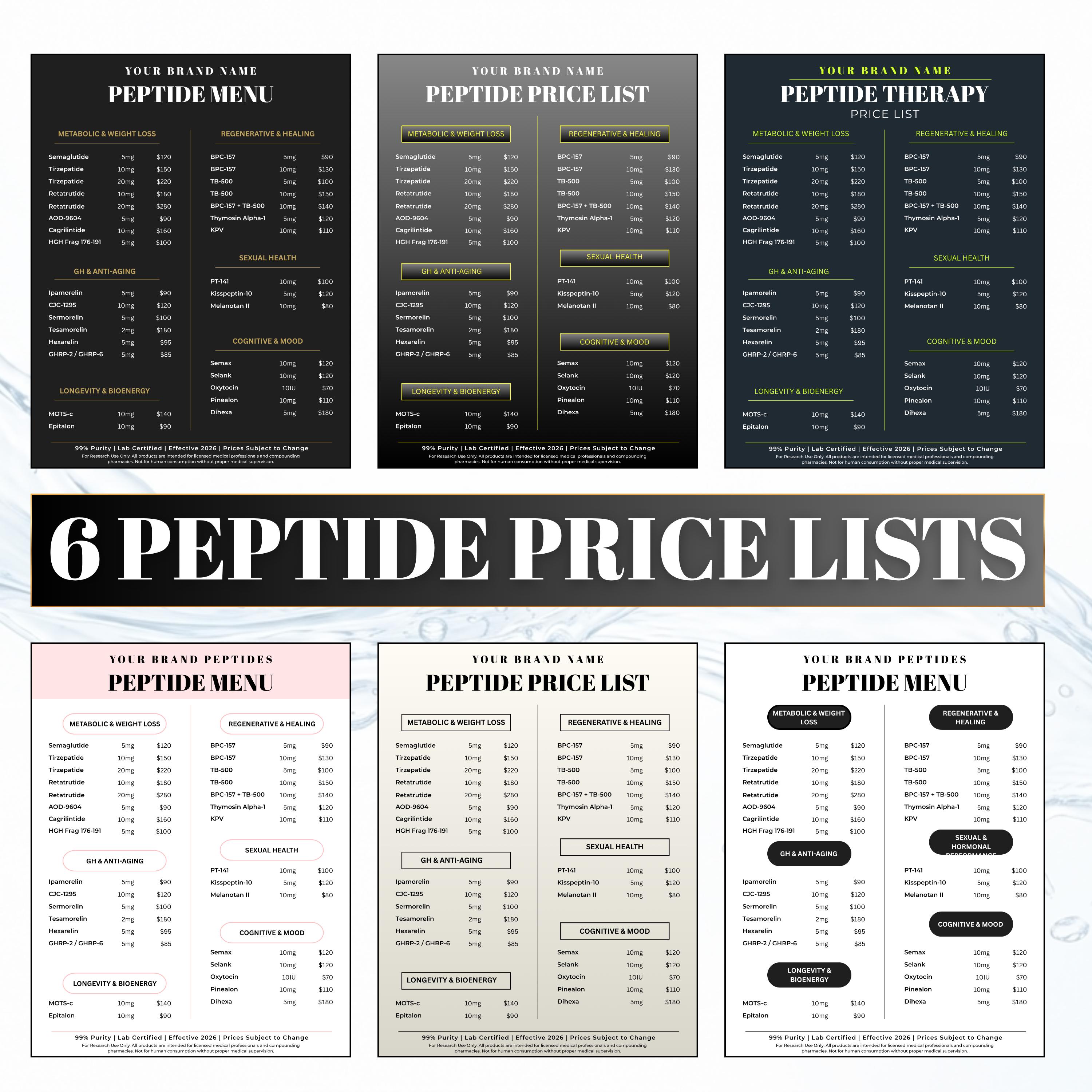 Peptide Price List Template, Peptide Price Sheet, Peptide Printables, Peptide Therapy Template, Peptide Marketing Material, Canva Template