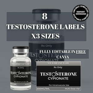 Puede incluir: Imagen de etiquetas de testosterona con el texto "TESTOSTERONE CYPIONATE" y "200MG/1ML". Las etiquetas son para uso intramuscular y vienen en tres tamaños. La imagen también incluye el texto "FULLY EDITABLE IN FREE CANVA".