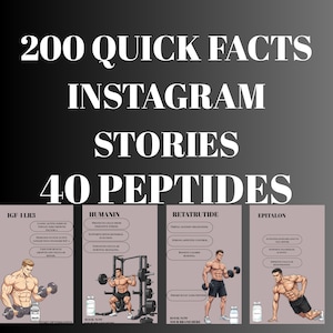 May include: A promotional graphic with the text "200 Quick Facts Instagram Stories 40 Peptides." The image features illustrations of muscular men with dumbbells and weightlifting equipment, along with text describing various peptides and their benefits.