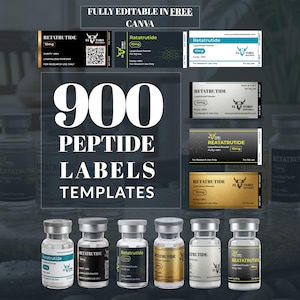 Puede incluir: Imagen que muestra 900 plantillas de etiquetas de péptidos, con el texto "FULLY EDITABLE IN FREE CANVA". Las etiquetas presentan el texto "Retatrutide 10mg" y son para uso en investigación. También se ven varios viales.