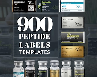 900 rótulos para frascos de peptídeos, Retatrutida, BPC-157 - Modelos editáveis (Canva)