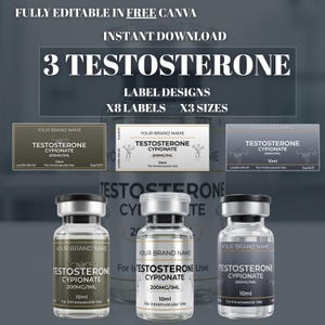 May include: A digital product showcasing three testosterone label designs. The labels, in grey, white, and black, display the text "TESTOSTERONE CYPIONATE 200MG/1ML 10ml". The image also includes the text "3 TESTOSTERONE LABEL DESIGNS X8 LABELS X3 SIZES".