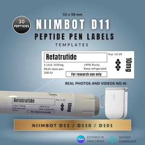Könnte beinhalten: Niimbot D11 Peptid-Stift-Etikettenvorlagen mit den Maßen 15 x 50 mm. Das Design zeigt den Text Retatrutide, 10mg, 1 click- 0.05mg, 200 IU, 99% Purity, Keep refrigerated, Exp: 12/28 und For research use only. Enthält einen weißen Etikettendrucker.