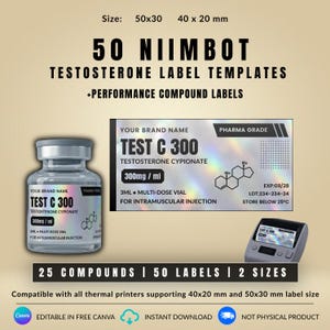 Może przedstawiać: Cyfrowy produkt zawierający 50 szablonów etykiet Niimbot do testosteronu i preparatów wydajnościowych. Zawiera grafikę fiolki, projekt etykiety z holograficznym tekstem TEST C 300 oraz drukarkę termiczną w rozmiarach 50x30 i 40x20 mm.