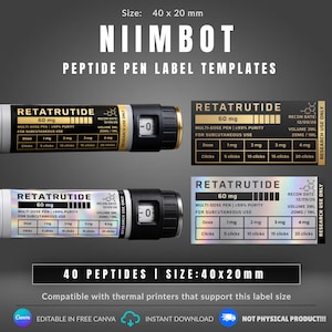 Puede incluir: Plantillas de etiquetas para pluma de péptidos Niimbot de 40 x 20 mm. Las etiquetas incluyen el texto Retatrutide 60 mg, multi-dose pen, 99% purity y una tabla de dosificación. Se muestran dos versiones: una con fondo negro y otra holográfica.