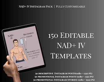 NAD+ IV Therapy 150 Instagram Templates, Anti-Aging, Energy Boost, Recovery, Editable Canva Social Media Pack,