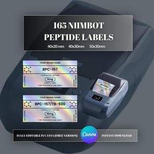 May include: A digital label printer with two sample peptide labels. The labels are holographic with the text "BPC-157" and "BPC-157/TB-500". The labels also include the text "5mg" and "10mg" and the text "FOR RESEARCH USE ONLY". The image also includes the text "165 NIIMBOT PEPTIDE LABELS".