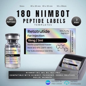 Pode incluir: Um conjunto de 180 etiquetas de peptídeos Niimbot em três tamanhos: 40x20mm, 40x30mm e 50x30mm. As etiquetas holográficas apresentam texto para Retatrutida para injeção, 10mg/3ml, pó liofilizado estéril e uso em pesquisa, com estrutura química.