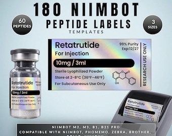 NIIMBOT Peptide Labels | Custom Holographic Thermal Labels | 40×20mm & 50×30mm Canva Template