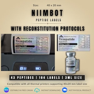 Op de afbeelding: Niimbot peptide labels van 40 x 20 mm met reconstitutieprotocollen voor Tirzepatide injectie. De labels bevatten een doseringstabel, tekst voor onderzoeksgebruik en zijn compatibel met thermische printers. Inclusief 43 peptiden en 104 labels.