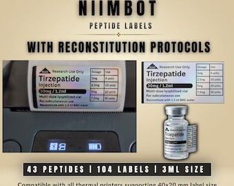 Niimbot Peptide Labels for 3ml Vials | 42 Peptides | 104 Editable Canva Templates | Dosing Protocols | Digital Download