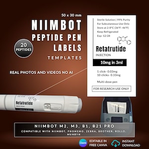 May include: A white rectangular label template for Niimbot peptide pens measuring 50 x 30 mm. The label features text including Retatrutide Injection, 10mg in 3ml, and For Research Use Only. It is compatible with Niimbot M2, M3, B1, and B21 Pro printers.