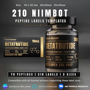 Könnte beinhalten: Ein digitales Vorlagenset für 210 Niimbot Peptid-Etiketten mit dem Text Retatrutide 10mg, gefriergetrocknetes Pulver, Reinheit >99%, Charge 3-123-23, Exp 09/28, Lagerung 2-8°C und nur für Forschungszwecke. Drei Größen: 40x20mm, 40x30mm, 50x30mm.