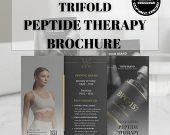Trifold Peptide Therapy Brochure Template, Black Gold Clinic Flyer (Canva Editable)