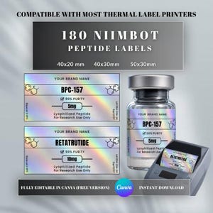 Peptidetiketter för Niimbot | Holografiska peptidetiketter för termoskrivare | Redigerbar Canva-mall
