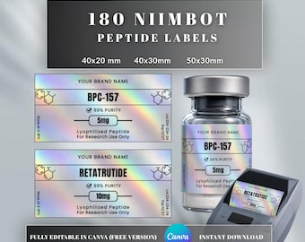Peptide Labels for Niimbot | Holographic Peptide Labels for Thermal Printers | Editable Canva Template