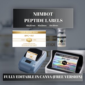 May include: Image of peptide labels with the text "NIIMBOT PEPTIDE LABELS" and size options. Includes a label printer and a vial with a label that reads "BPC-157". The text "FULLY EDITABLE IN CANVA (FREE VERSION)" is also visible.