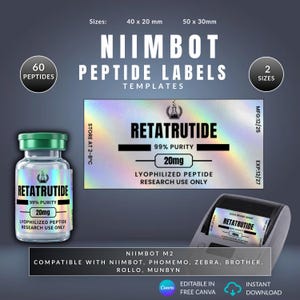 Op de afbeelding: Niimbot peptide label sjablonen voor 40x20mm en 50x30mm formaten. Bevat een glazen flacon met groene dop en een holografisch label met Retatrutide 99% zuiverheid 20mg, plus een labelprinter. Compatibel met Niimbot, Phomemo, Zebra, Brother, Rollo en Munbyn.