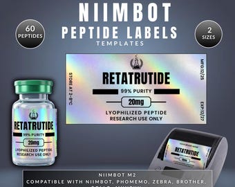 Peptide Labels for Niimbot | Printable Vial Label Template | Holographic 40x20mm 50x30mm | Canva Editable Digital Download
