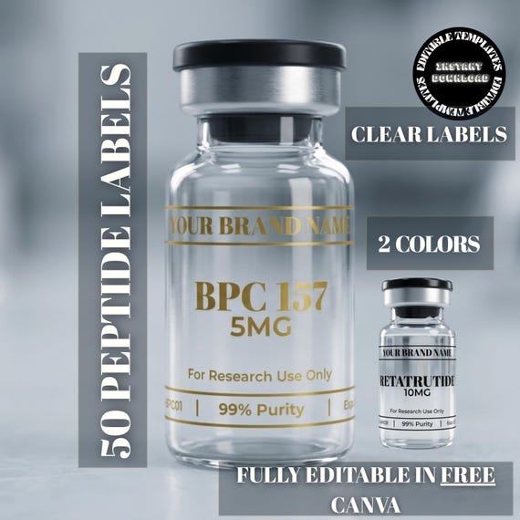 Peptide Vial Label Template Canva | Gold & Black | Clear Label | 3 Sizes | Research Vial Sticker | Editable Instant Download
