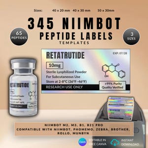 May include: A digital template set for 345 Niimbot peptide labels in three sizes: 40x20mm, 40x30mm, and 50x30mm. The design features a holographic finish, text for Retatrutide 10mg, chemical structure, and storage instructions. Compatible with various thermal printers.