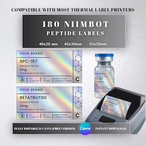 Op de afbeelding: Een afbeelding die peptide-labels promoot die compatibel zijn met thermische labelprinters. De afbeelding toont labels met de tekst "BPC-157" en "Retatrutide", een fles en een labelprinter. De labels zijn verkrijgbaar in formaten zoals 40x20 mm en 40x30 mm.