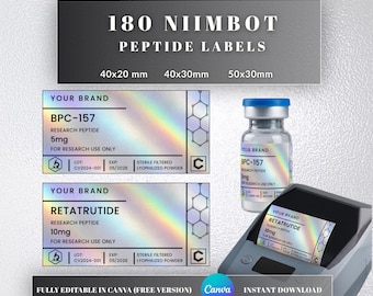 Niimbot Peptide Labels Templates | Holographic Vial Labels | 40x20 40x30 50x30 mm | Compatible With Thermal Label Printers | Editable Canva