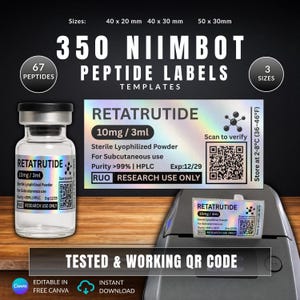 Może przedstawiać: Zestaw 350 etykiet peptydowych Niimbot w trzech rozmiarach: 40x20mm, 40x30mm i 50x30mm. Etykiety mają holograficzne wykończenie z napisem Retatrutide, 10mg/3ml, sterylny proszek liofilizowany oraz kod QR do zeskanowania w celu weryfikacji.