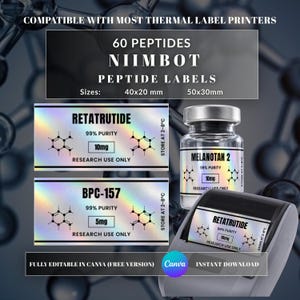 Puede incluir: Un conjunto de etiquetas holográficas de péptidos para impresoras térmicas, con texto para Retatrutide, BPC-157 y Melanotan 2. Las etiquetas muestran estructuras químicas, 99% de pureza, dosis de 10mg o 5mg y advertencias de uso exclusivo en investigación.