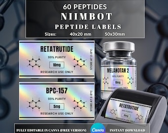 Peptide Vial Labels for Niimbot, Holographic Vial Templates (40x20mm, 50x30mm)