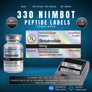 以下が含まれることがあります： 330種類のNiimbotペプチドラベルテンプレートセット。サイズは40x20mm、40x30mm、50x30mmの3種類。ホログラフィック仕上げのデザインで、Research Grade Peptides、Retatrutide、10mg、Exp:12/28、Research Use Only、99% Purityのテキストが記載されています。