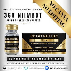 May include: A digital template for 360 Niimbot peptide labels featuring a glass vial with a gold cap and a black and gold label reading Retatrutide 10 mg. The design includes text for 40x20mm, 40x30mm, and 50x30mm sizes, specifying lyophilized powder, subcutaneous use, and research use only.